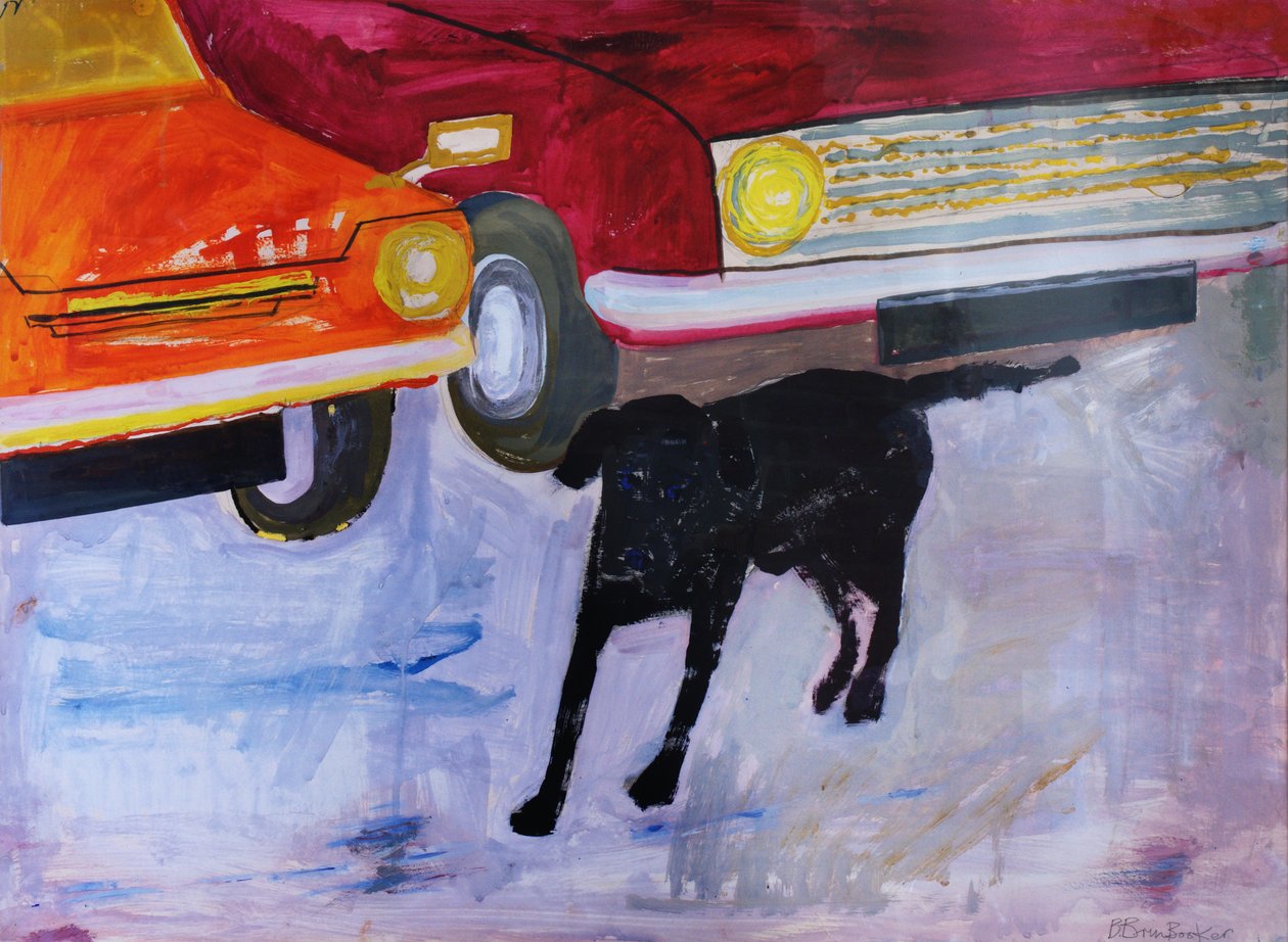 Hond bij de Tweedehands Autohandel, Rex met Rode Auto door Brenda Brin Booker