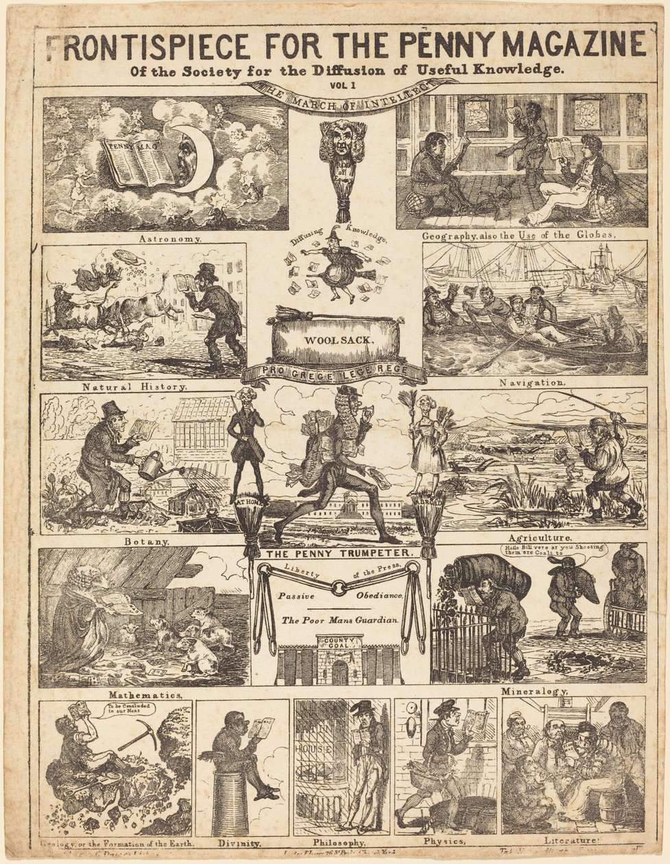 Frontispice voor het Penny Magazine van de Society for the Diffusion of Knowledge: Vo door British 19th Century