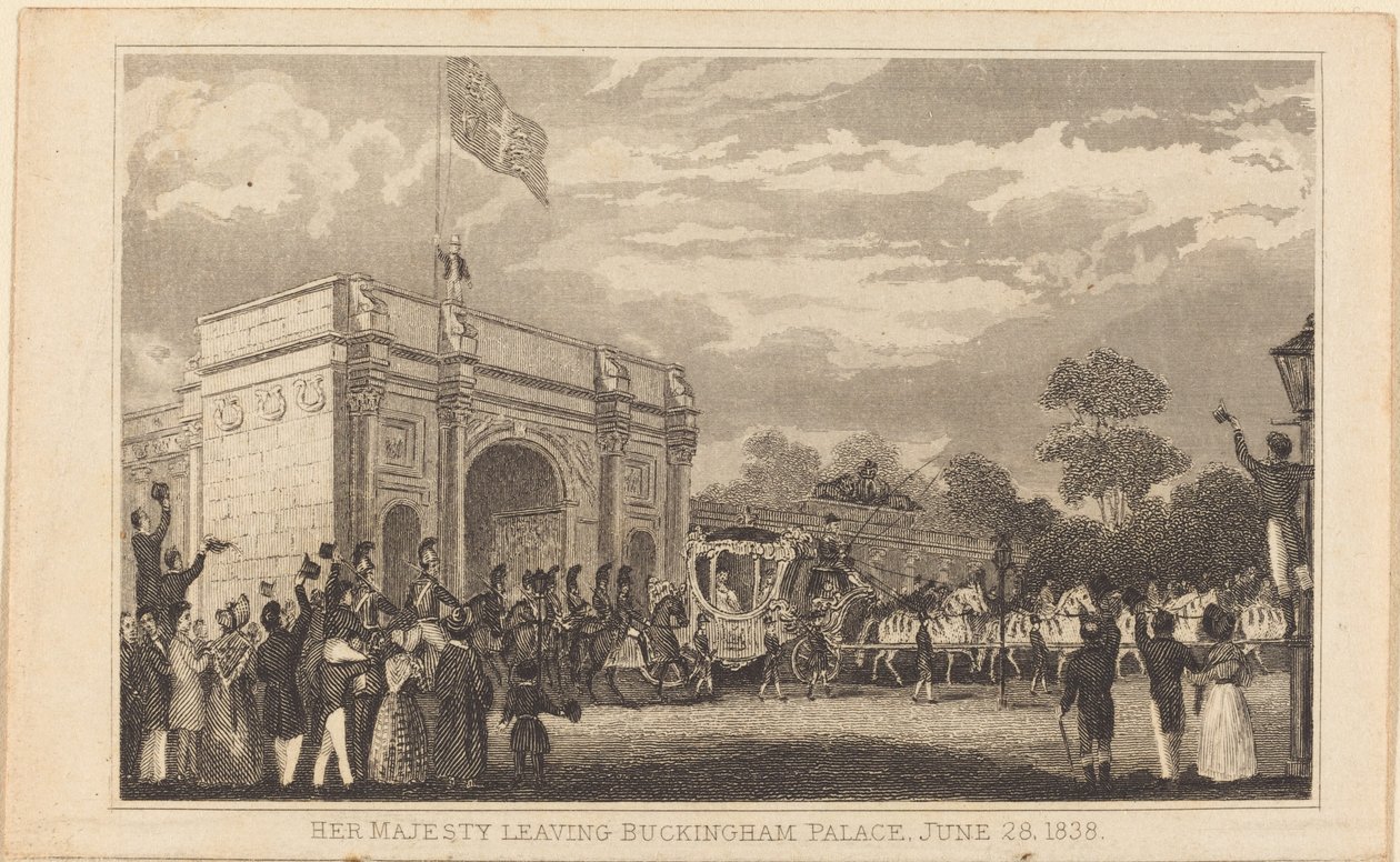 Hare Majesteit verlaat Buckingham Palace, 28 juni 1838 [linker helft] door British 19th Century