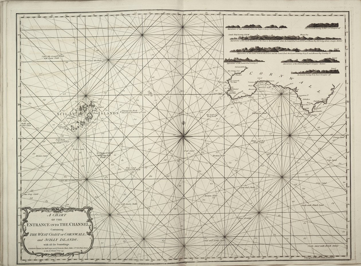 Een kaart van de ingang van het Kanaal met de westkust van Cornwall en de Scilly-eilanden met alle dieptemetingen door British School