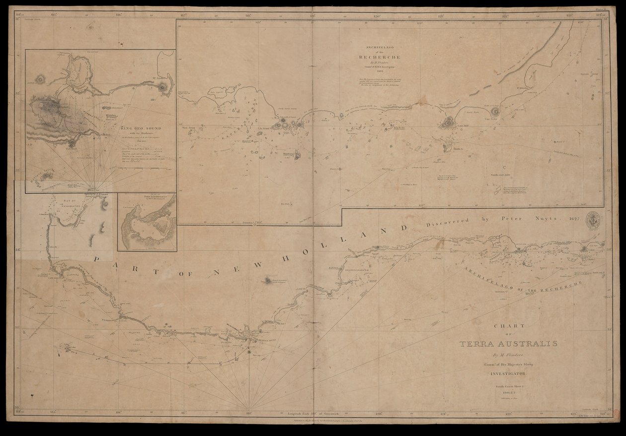 Kaart van Terra Australis door M Flinders, commandant van Zijne Majesteits Sloep, 