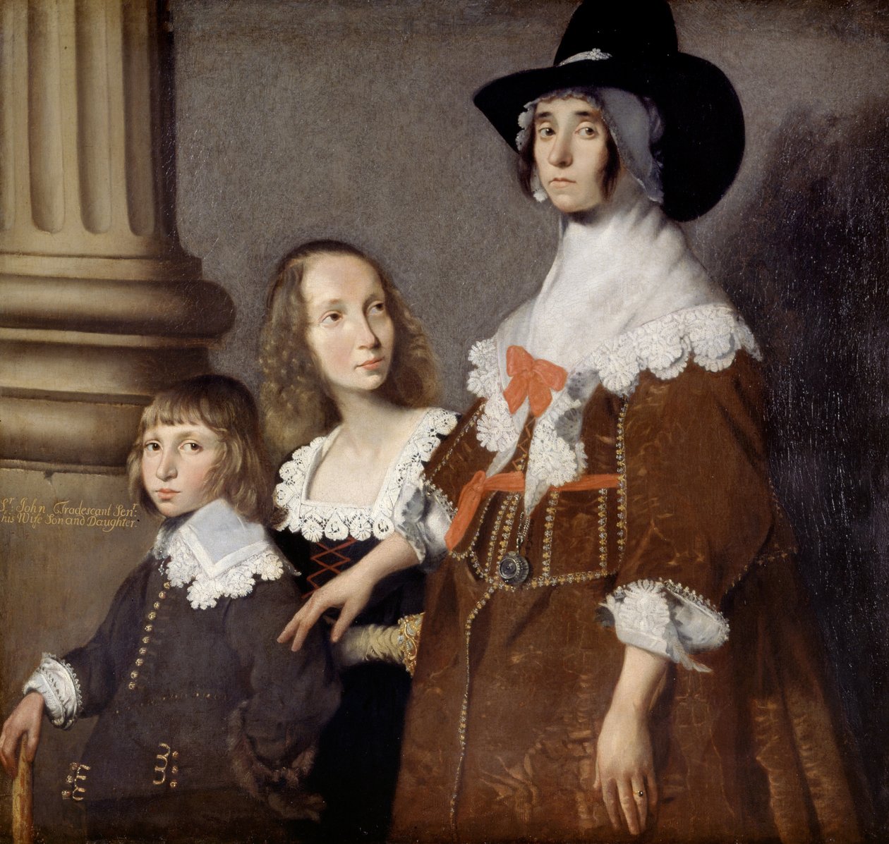 Hester Tradescant en haar stiefkinderen, John en Frances, ca. 1644 door British School