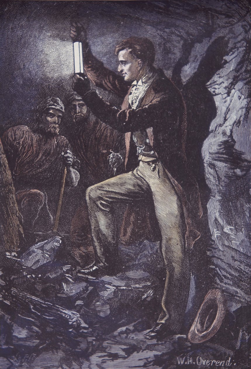 Humphry Davy met Davy veiligheidslamp voor mijnwerkers, uitgevonden in 1815 (handgekleurde houtsnede) door British School