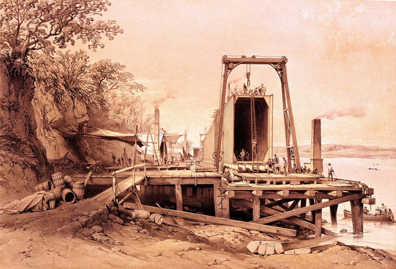 Industriële revolutie: installatie van een prefab brug. Gravure uit 