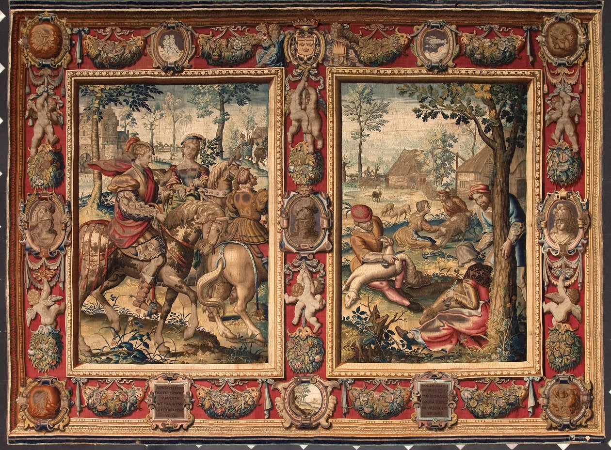 Maand mei en juni: "jacht en scheren van schapen" Wandtapijt van de manufacturen van Mortlake. 17e eeuw Genua, Musei di Strada Nuova door British School
