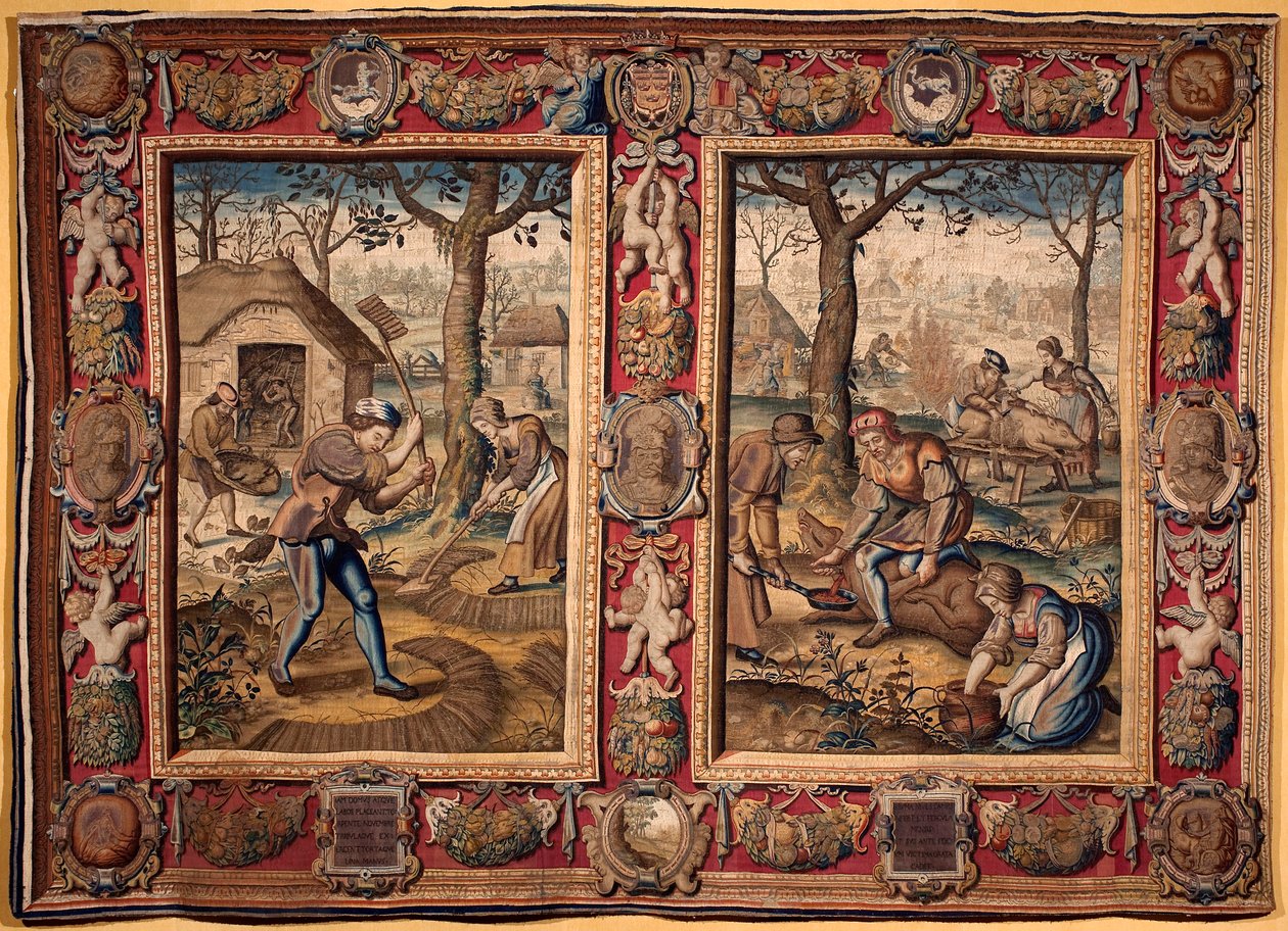 November en December: landbouwarbeid en varkensslacht Tapijt van de manufacturen van Mortlake. 17e eeuw Genes, Musei di Strada Nuova door British School