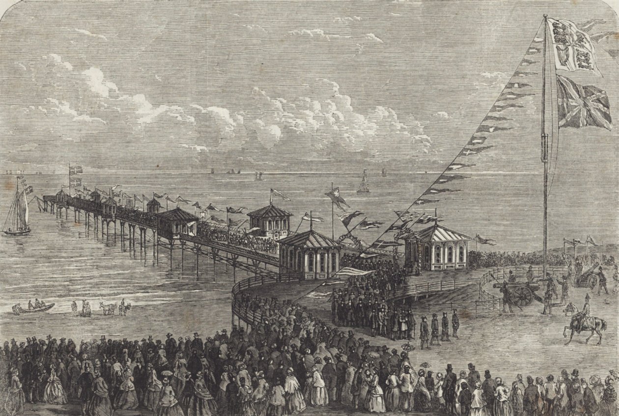 Opening van een Britse pier aan zee (gravure) door British School