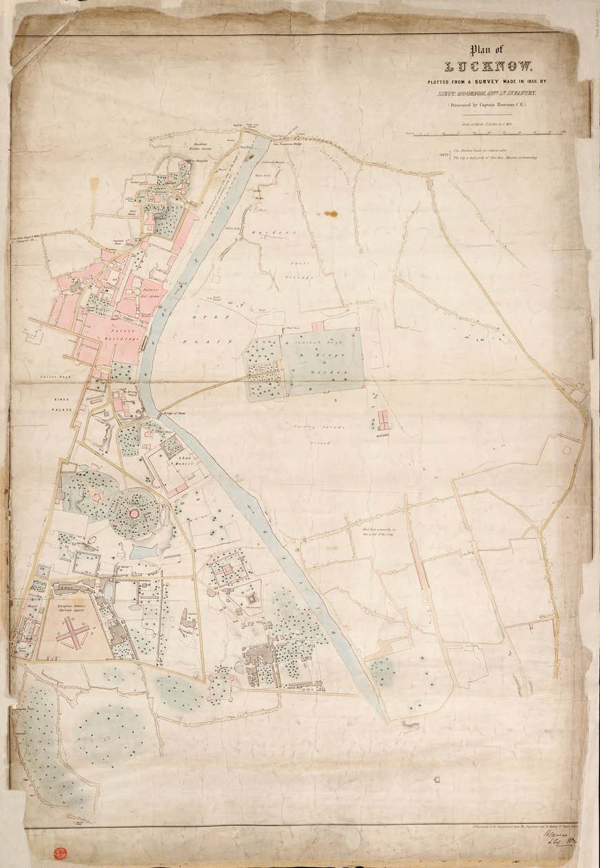 Plan van Lucknow, geplot vanaf een onderzoek in 1856, door luitenant Moorsom, 52e Lt. Infanterie. (Aangeboden door kapitein Moorsom, C.E.), c.1856 door British School