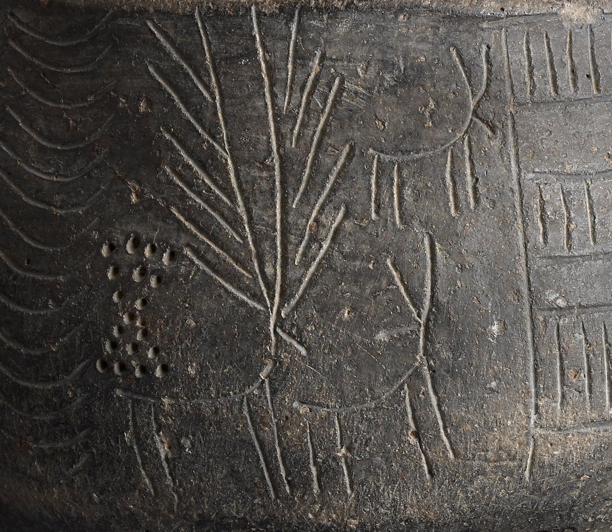 Detail van een kom, met ingesneden decoratie die herten afbeeldt, uit Los Millares, Spanje, Kopertijd (detail) door Bronze Age