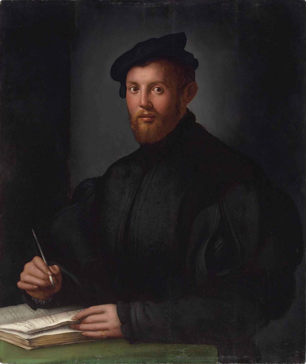 Portret van een jonge man in het zwart met een boek door Bronzino