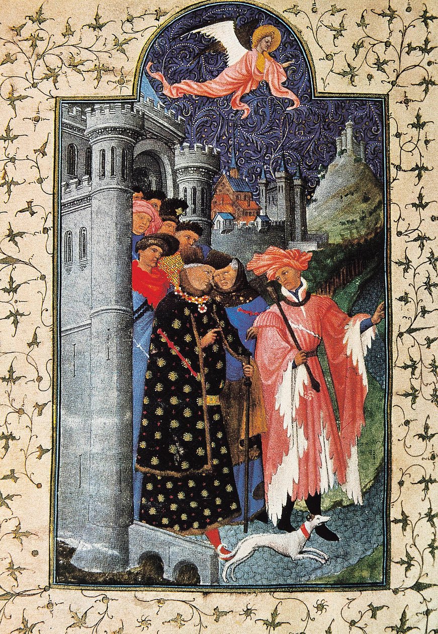 Le duc Jean de Berry et son administrateur de biens. Miniatuur van Jean Limbourg voor 