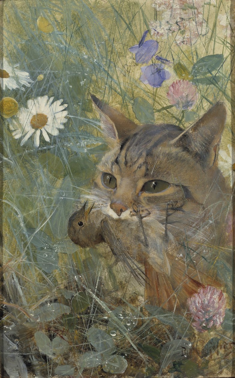 Een Kat met een Jonge Vogel in zijn Bek, 1885 door Bruno Andreas Liljefors