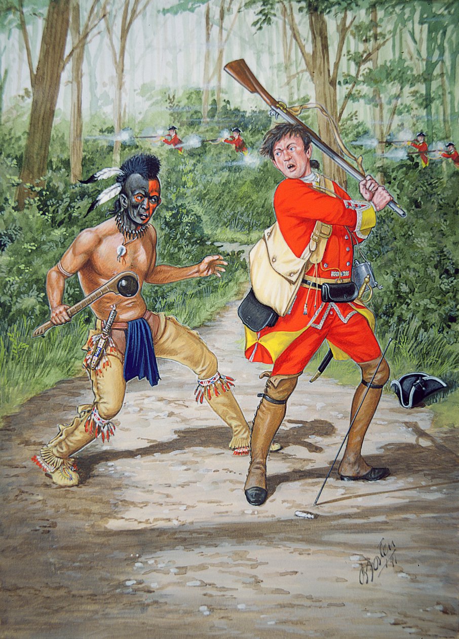 Een Huron strijder versus een soldaat van het 44e Regiment van de Foot in 1755, uit een set van zes tableaus door Bryan Fosten