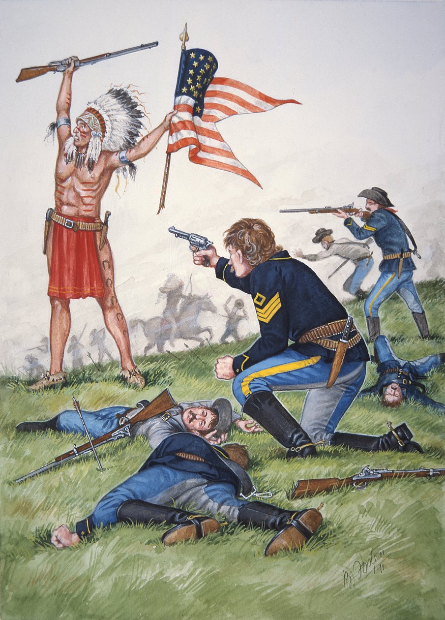 Een Siouxkrijger tegen het 7e Regiment Amerikaanse Cavalerie in de Slag om de Kleine Bighorn, 25 juni 1876, uit een serie van zes tableaus door Bryan Fosten