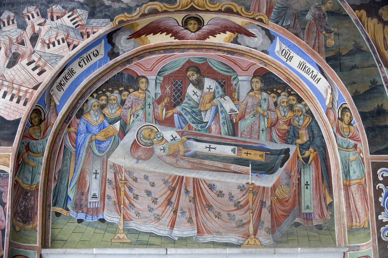 Bulgarije, Rila-gebergte, Rila-klooster, fresco detail in de kerk van de Geboorte van de Maagd door Bulgarian School