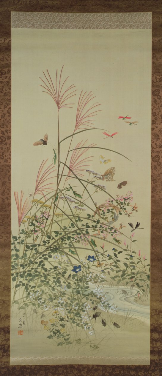 Herfstbloemen en insecten bij een stroom, 1910 door Bunrei Maekawa