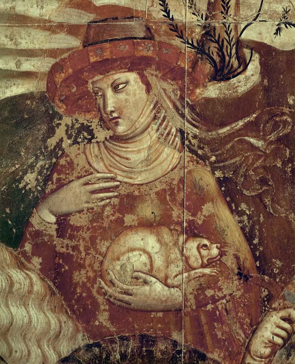 Een elegante dame met een klein hondje in haar armen ... (fresco) door Buonamico Buffalmacco