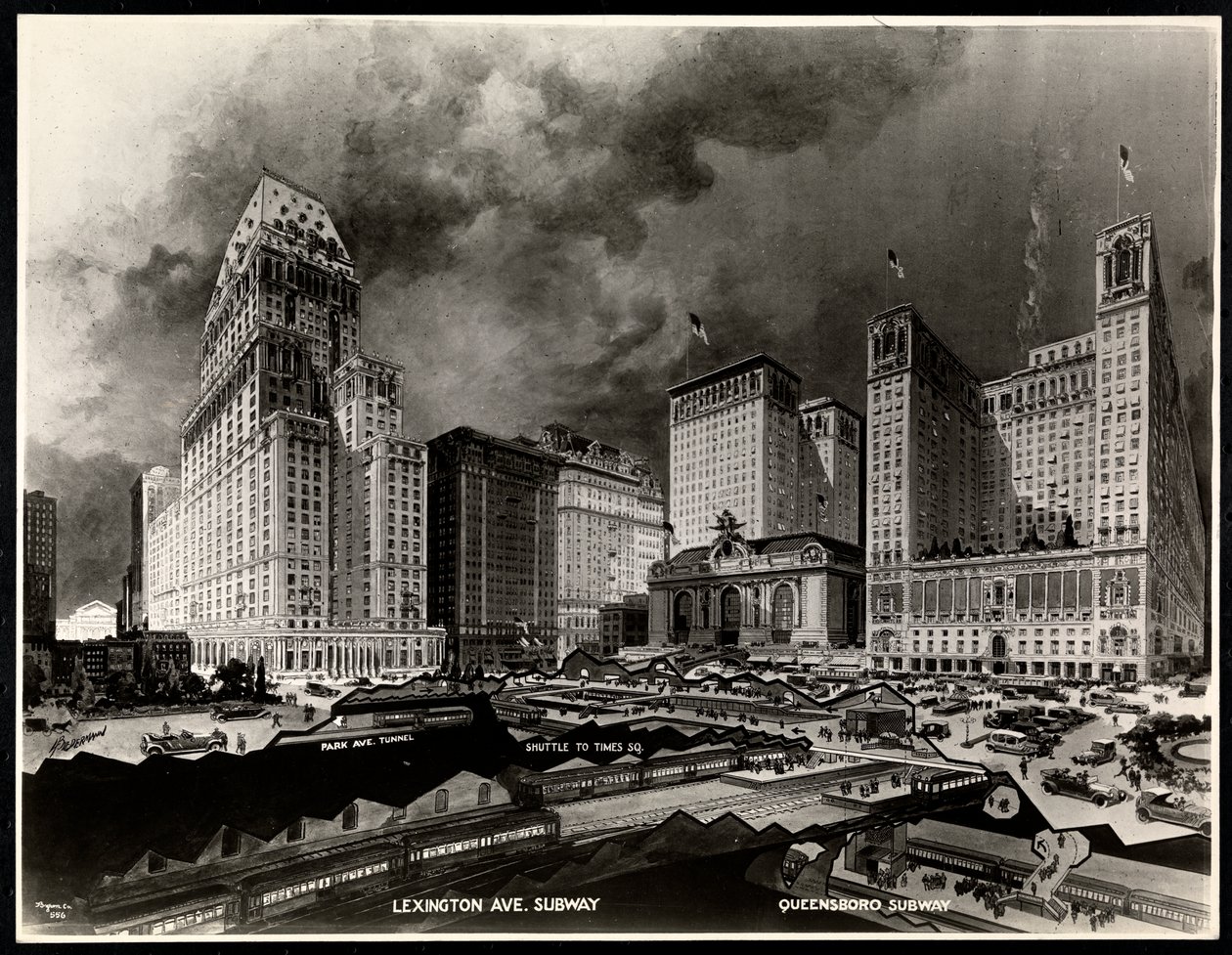 Foto van een tekening van metroroutes rond Pershing Square door H. Bierdermann, 1919 door Byron Company