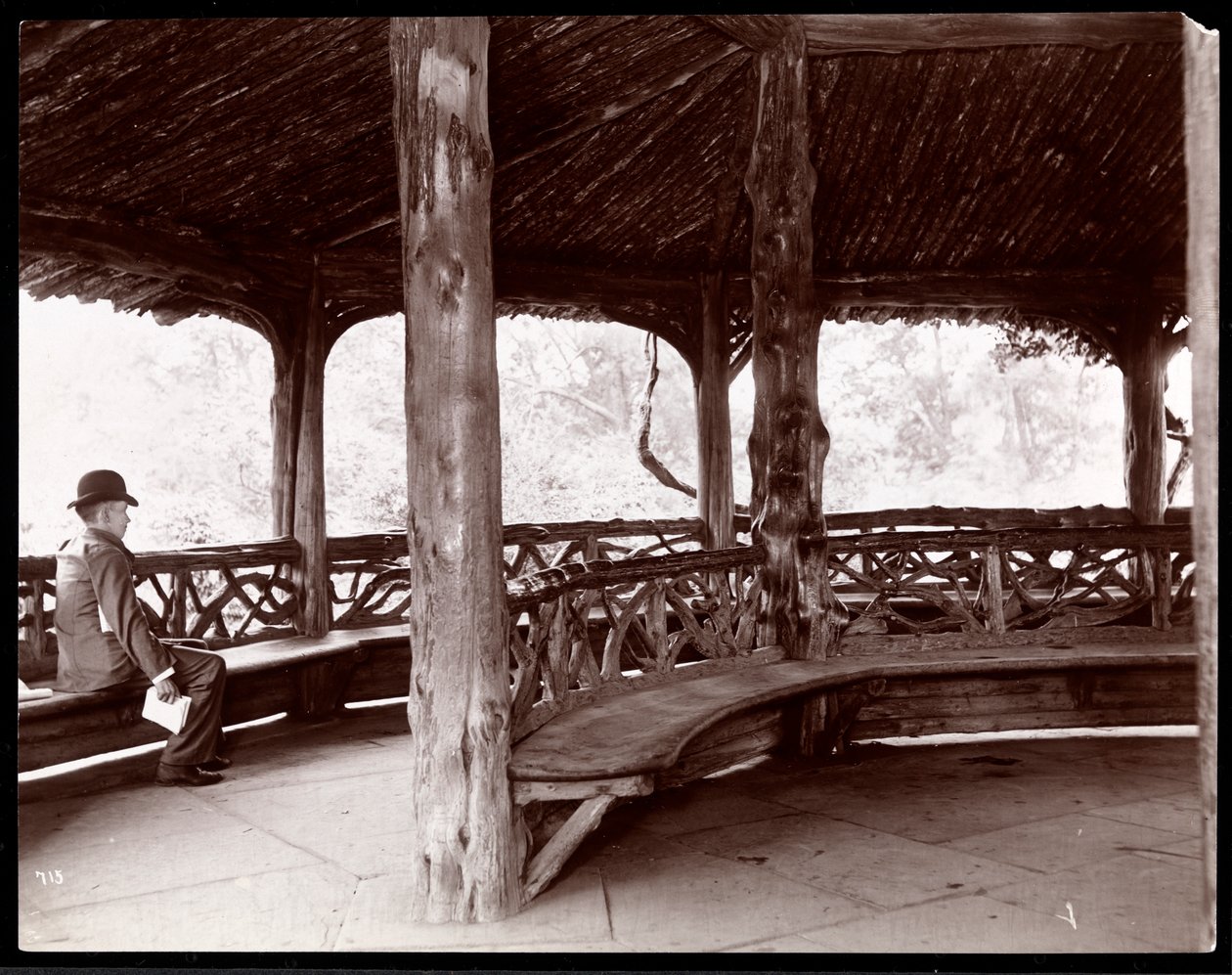 Uitzicht op een man zittend in een rustiek landschapspaviljoen in Central Park, New York, 1895 door Byron Company