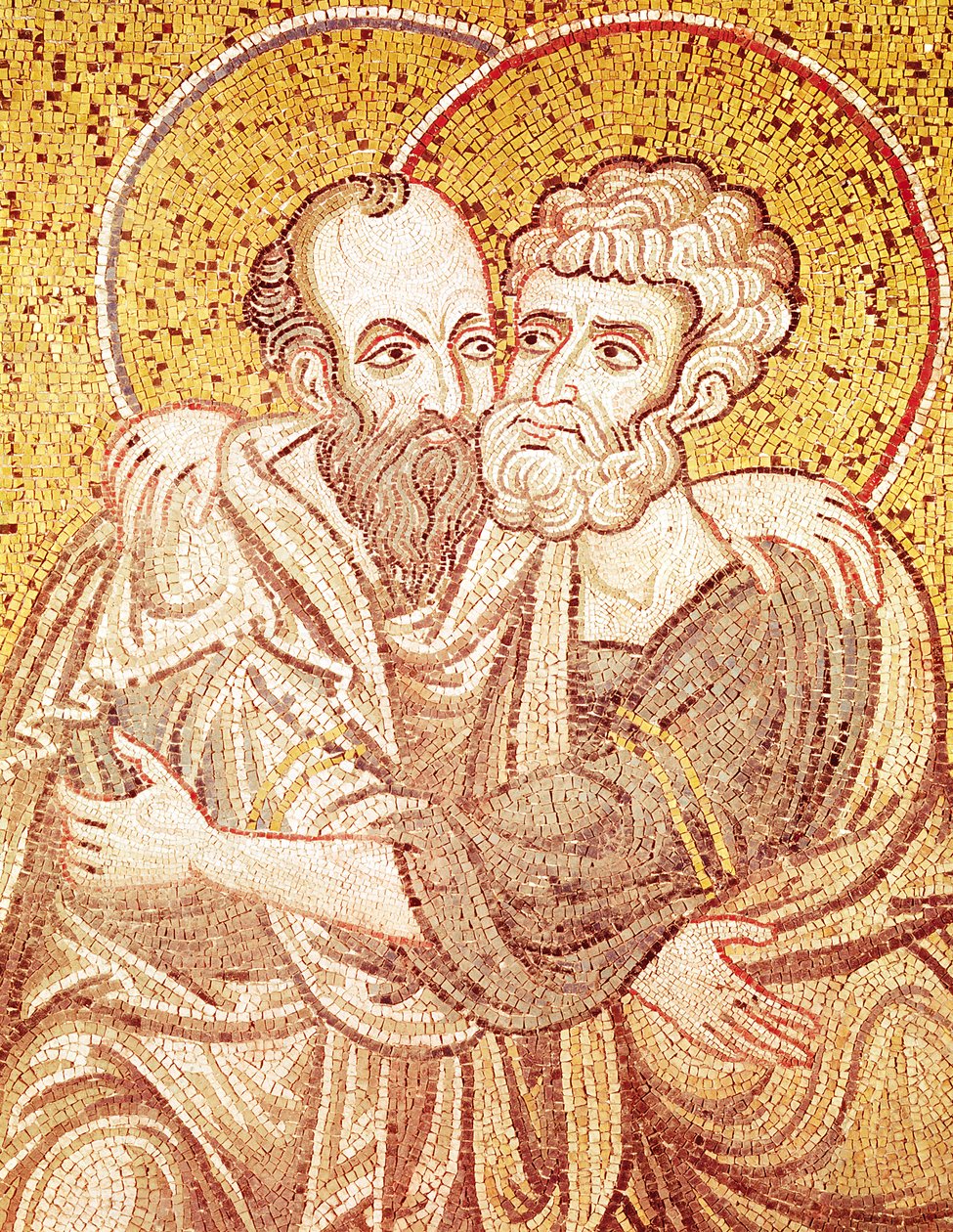 SS. Petrus en Paulus omhelzen elkaar (mozaïek) door Byzantine School