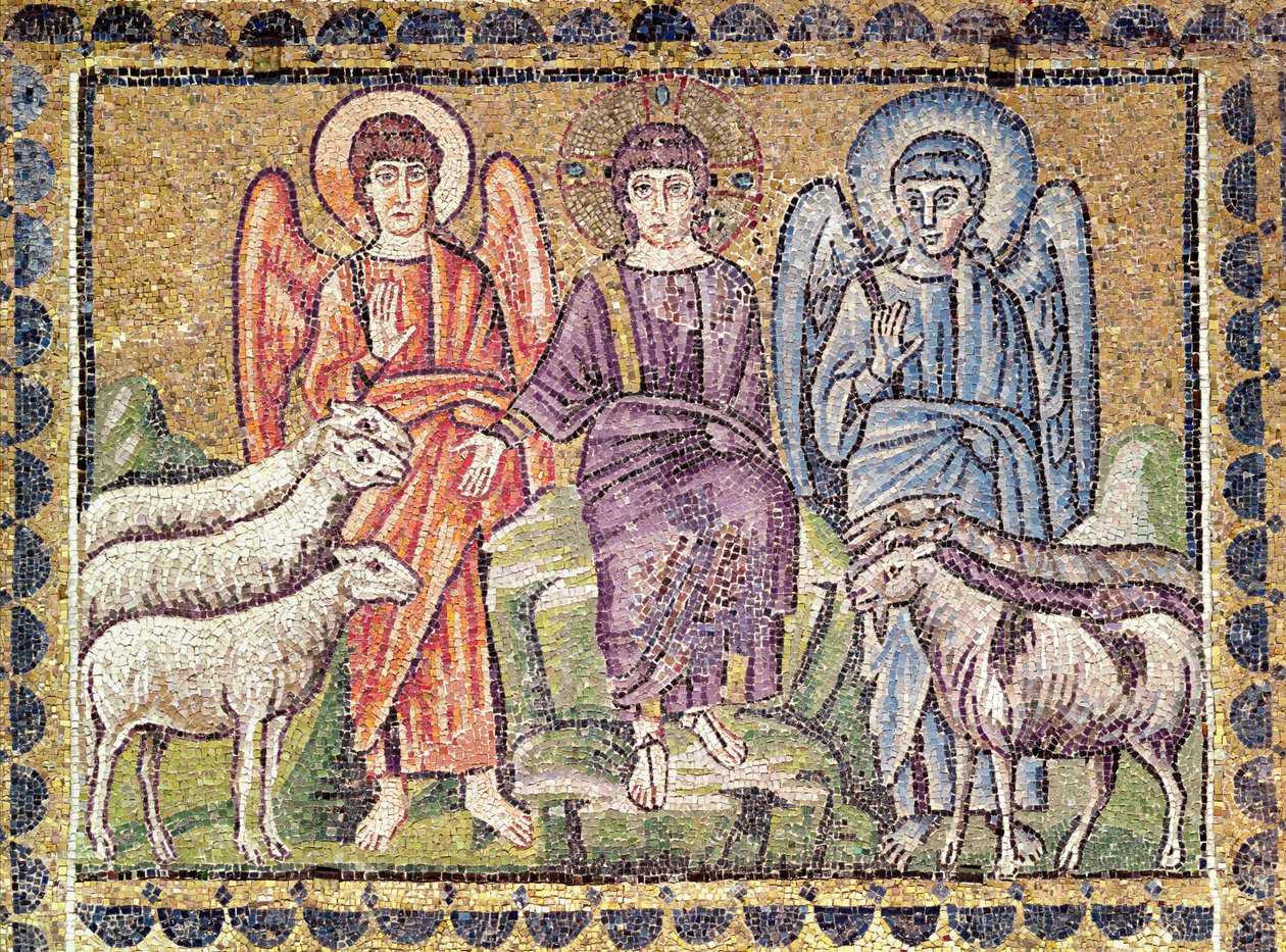 De gelijkenis van de Goede Herder die de schapen van de bokken scheidt, Scènes uit het Leven van Christus (mozaïek) door Byzantine School