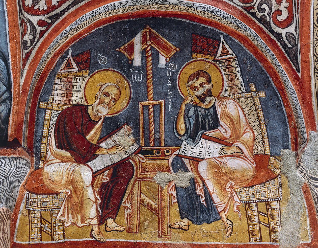Evangelisten Lucas en Mattheüs schrijven Evangeliën, Karanlik Kilise (Donkere Kerk) (12e-13e eeuw), Goreme (Unesco Werelderfgoedlijst) door Byzantine