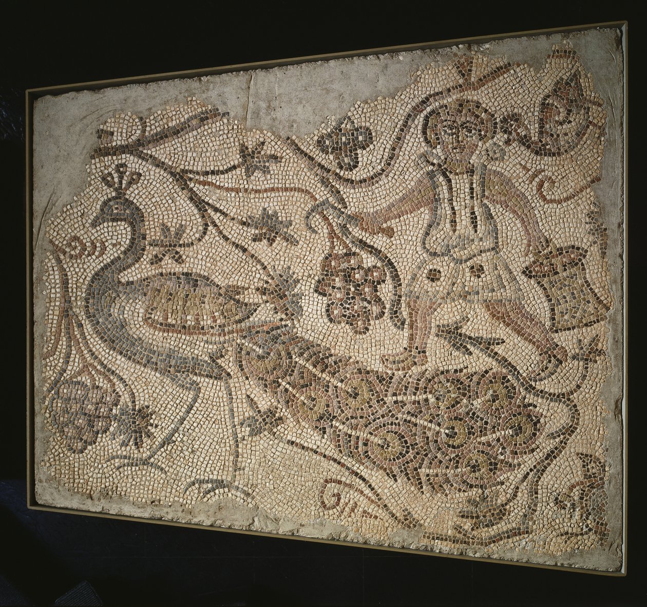 Vloermozaïek Paneel: Druivenoogster met Pauw, 400s door Byzantine