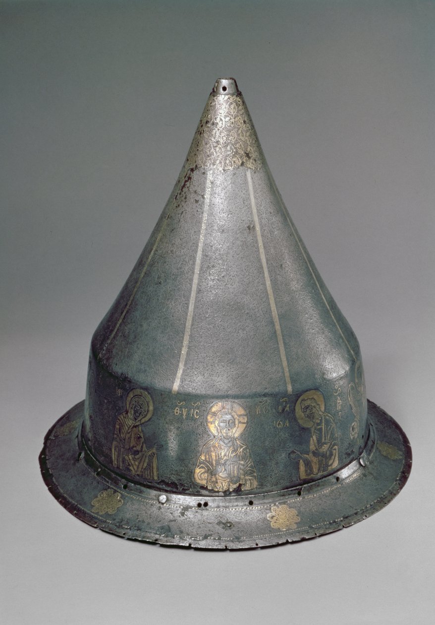 Helm met de Deesis (staal met goud- en zilverinleg) door Byzantine