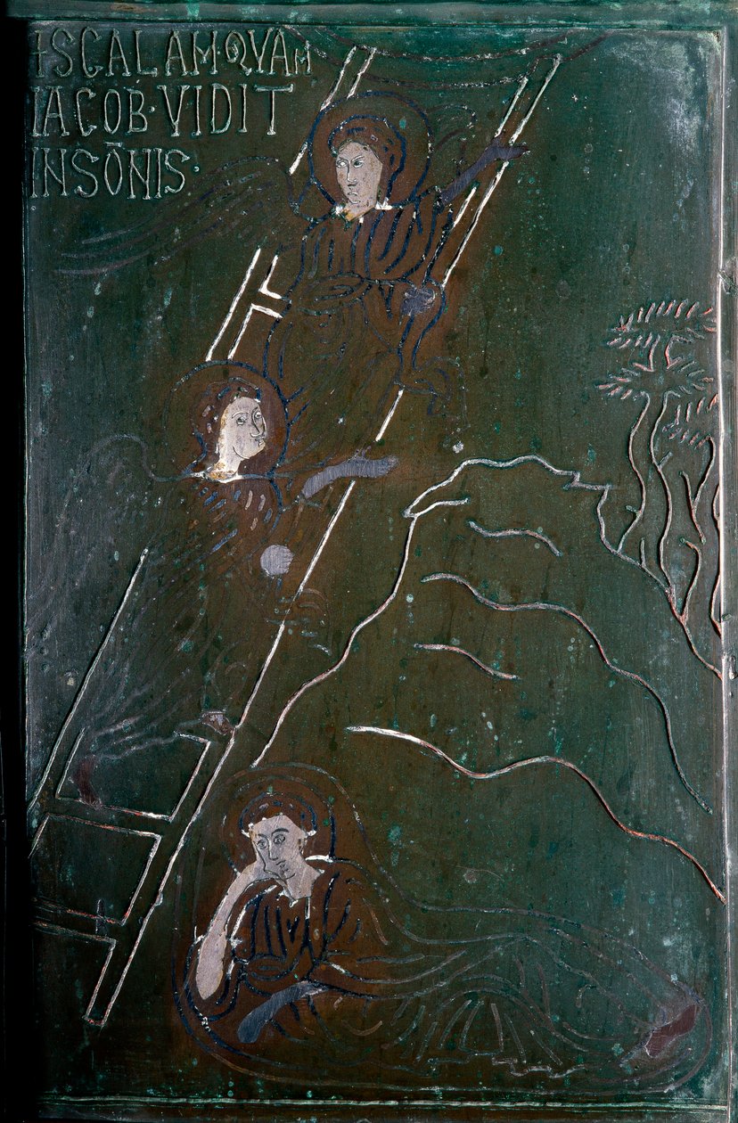 Jacob ziet in een droom de engelen opstijgen en afdalen op de bronzen deurtegeltrap gemaakt in Constantinopel in 1076. Monte Sant 