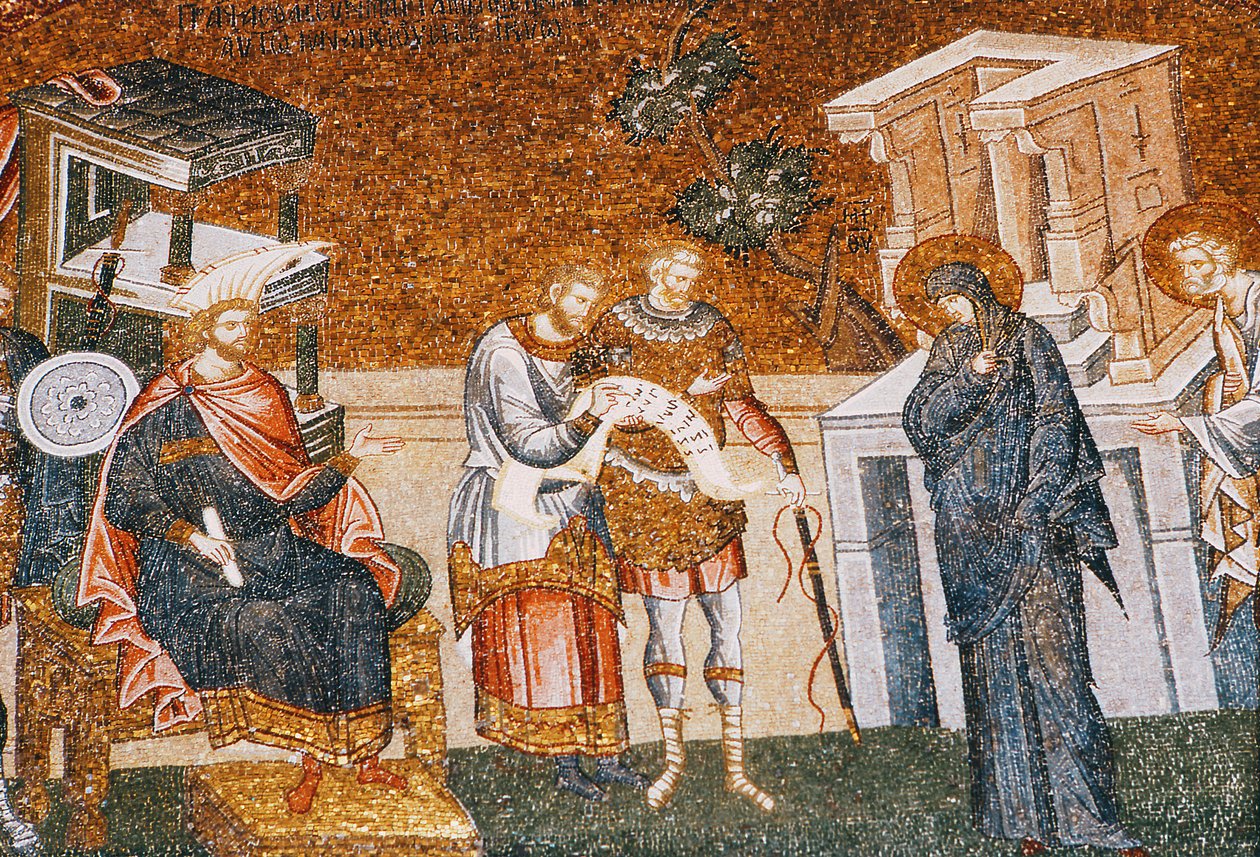 Maria & Jozef voor Cyremius die zich inschrijven voor de belasting, met een bewaker, een schrijver en een officier, ca. 14e eeuw (mozaïek) (detail) door Byzantine