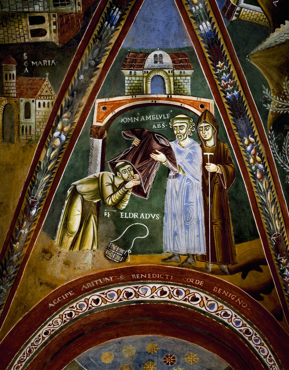 St Nicola, verhalen uit het leven van St Eldrad en St Nicolaas, St Eldrado naar St Jacobus van Compostela: ontvangt een monastieke gewoonte van de abt van Novalesa (detail) door Byzantine