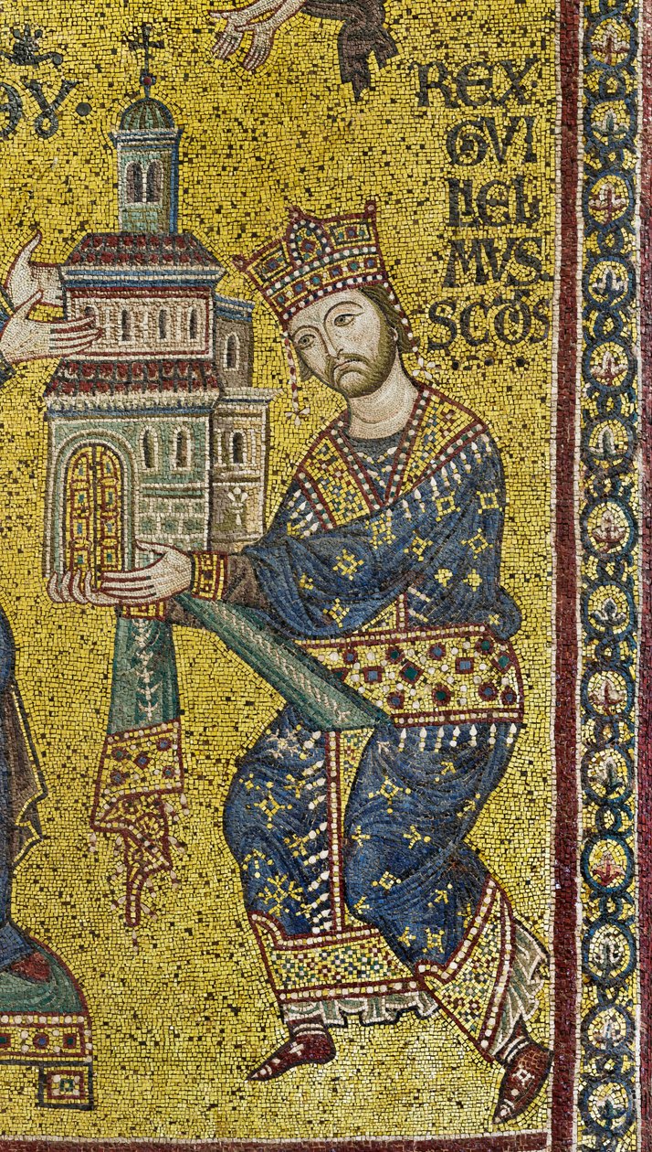 Transept: het Byzantijnse mozaïek dat koning Willem II afbeeldt die de kathedraal aan de Maagd Maria aanbiedt, detail door Byzantine