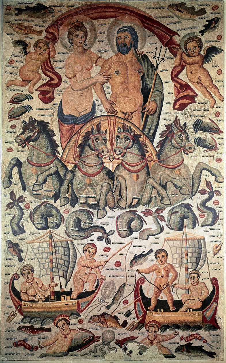 Byzantijnse kunst: Triomf van Neptunus en Amphitrite. Neptunus en Amphitrite naakt op een tank getrokken door vier zeepaarden. Mozaïek van de 3e eeuw door Byzantine Byzantine