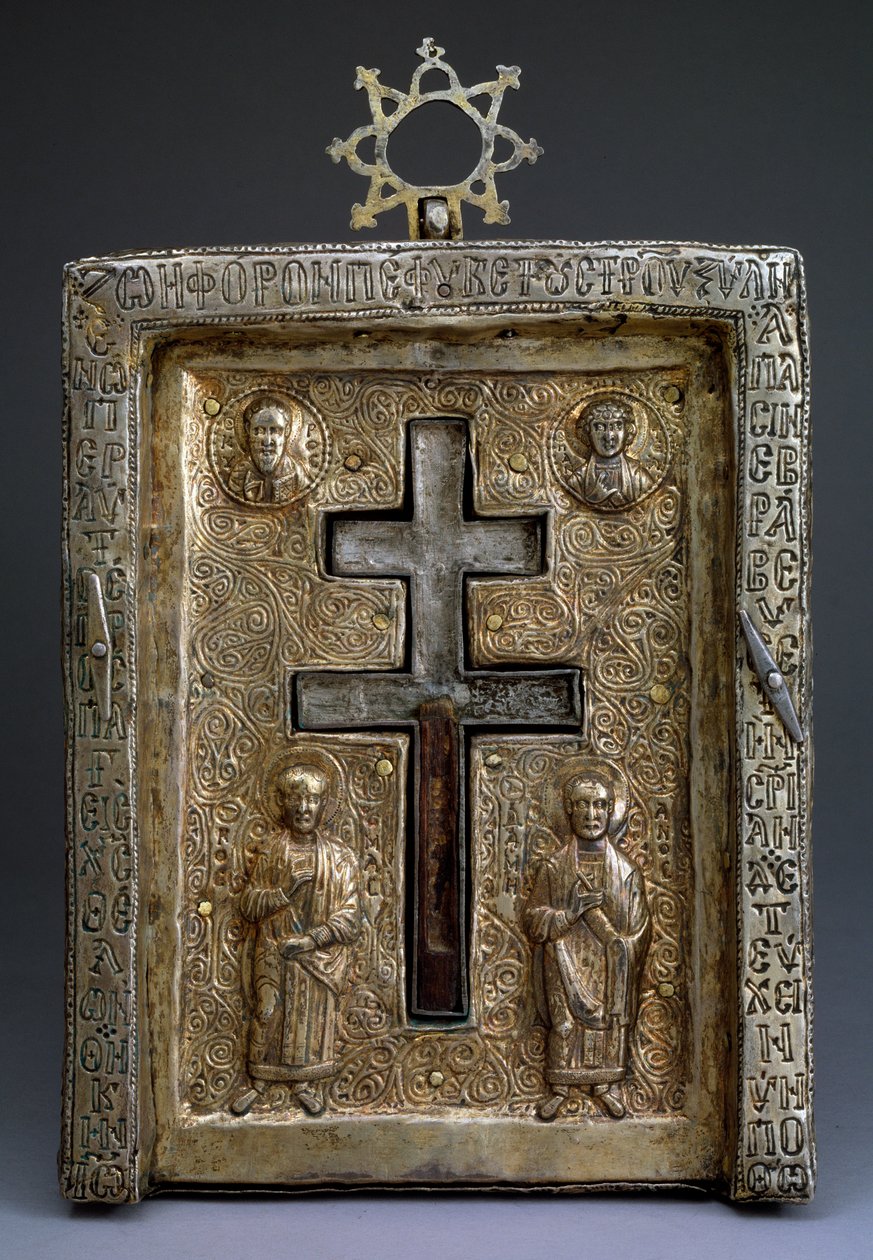 Vergulde zilveren staurothek Kruisrelikwie, Byzantijns, 12e eeuw door Byzantine Byzantine