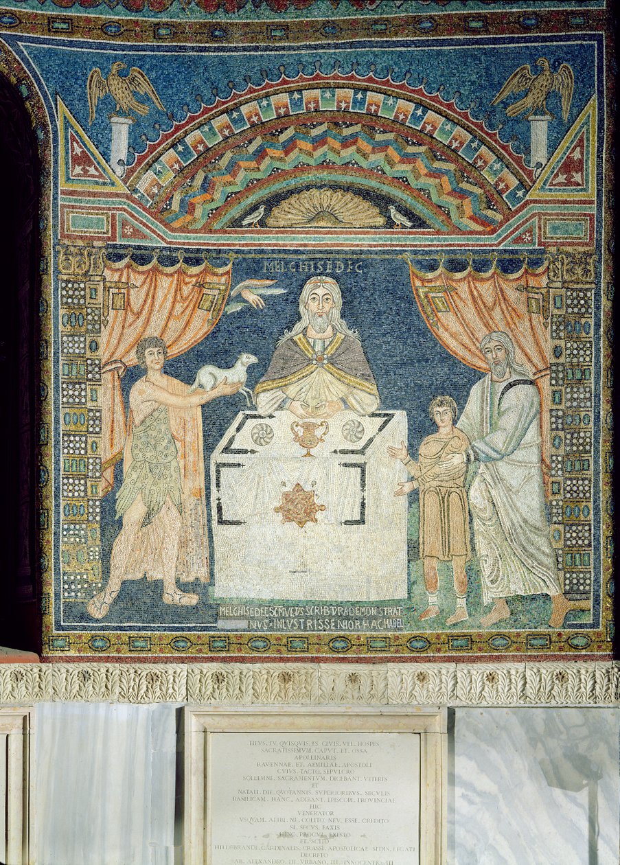 Abraham, Isaac en Melchisedech (mozaïek) door Byzantine School