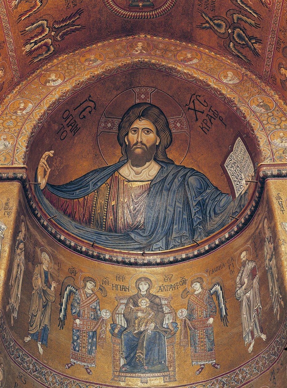 Christus Pantocrator en de Madonna op de troon met engelen en apostelen, uit de centrale apsis door Byzantine School
