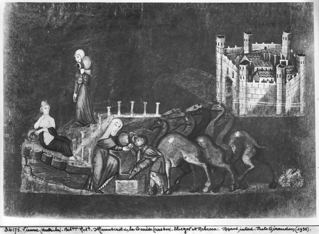 Rebecca en Eliezer bij de bron, uit de Wenen Genesis door Byzantine School