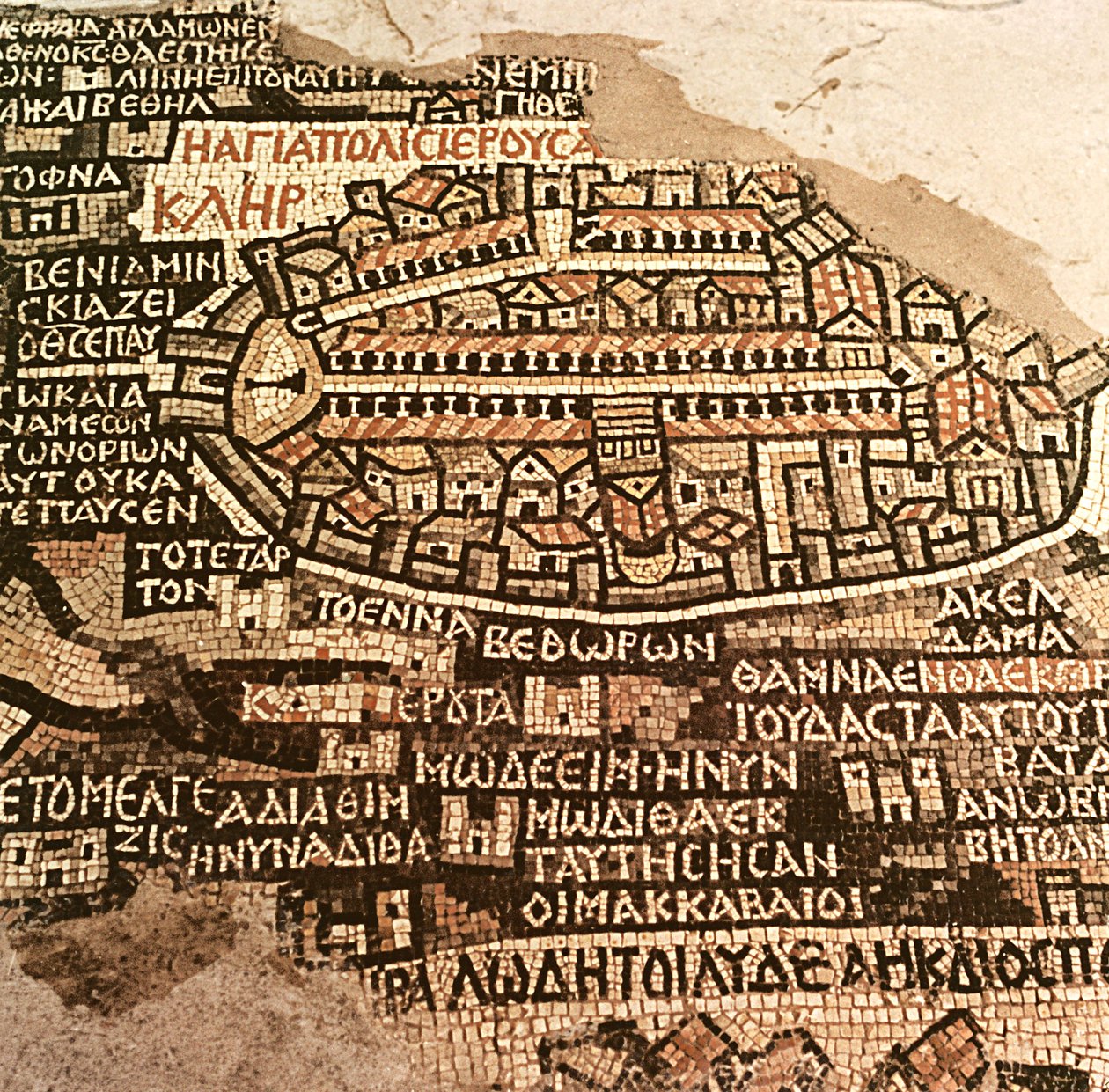 De Stad Jeruzalem en de omgeving, detail van de Madaba mozaïekkaart, Byzantijns, 6e eeuw door Byzantine School