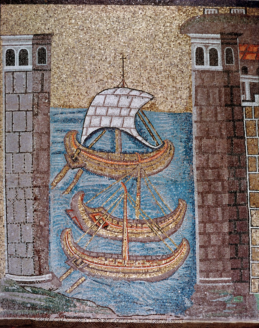 Uitzicht op boten in de haven van Classe (Detail) door Byzantine School
