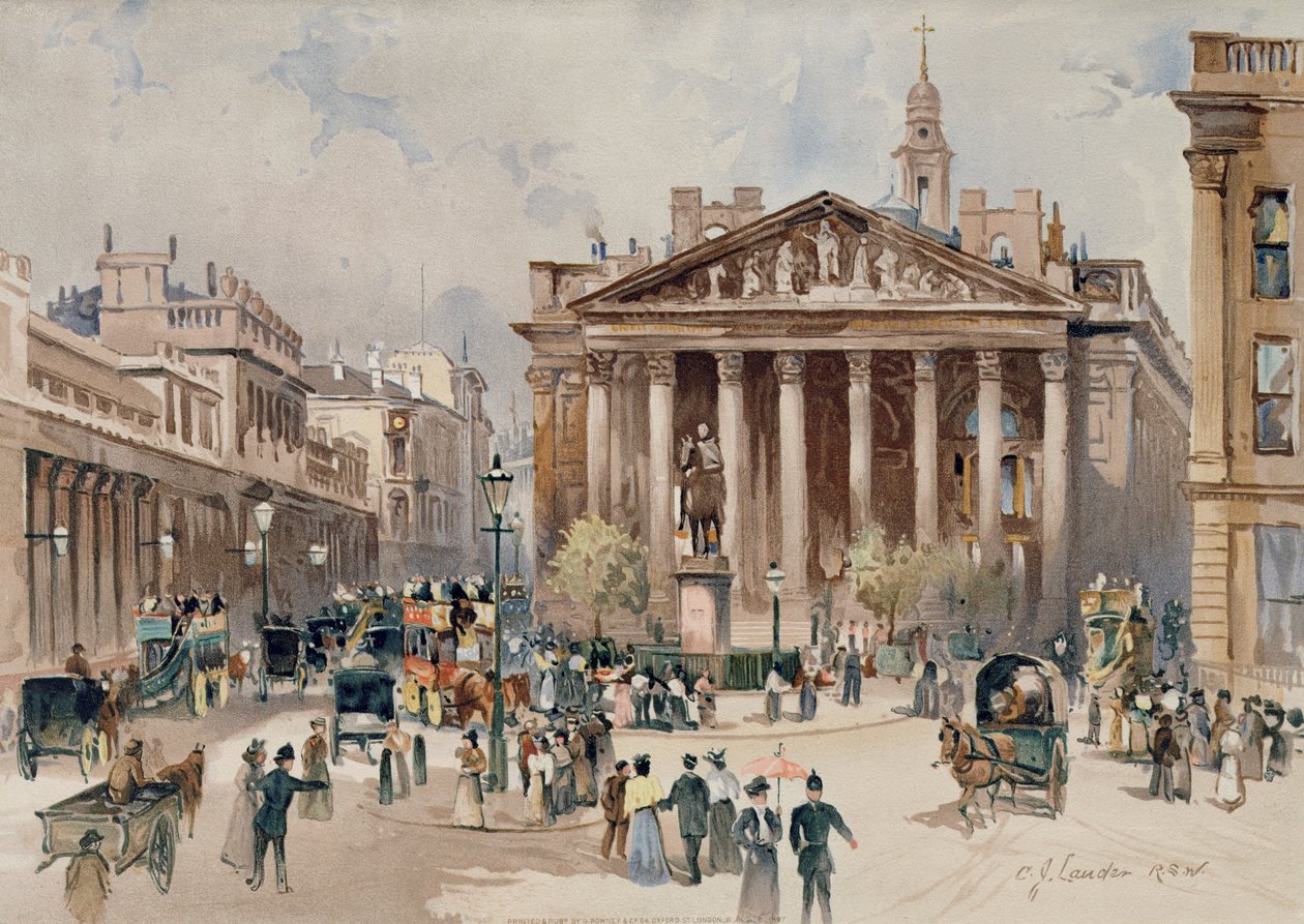 Uitzicht op de Royal Exchange, City of London, uitgegeven door G. Rowney, 1897 door C. J. Lander