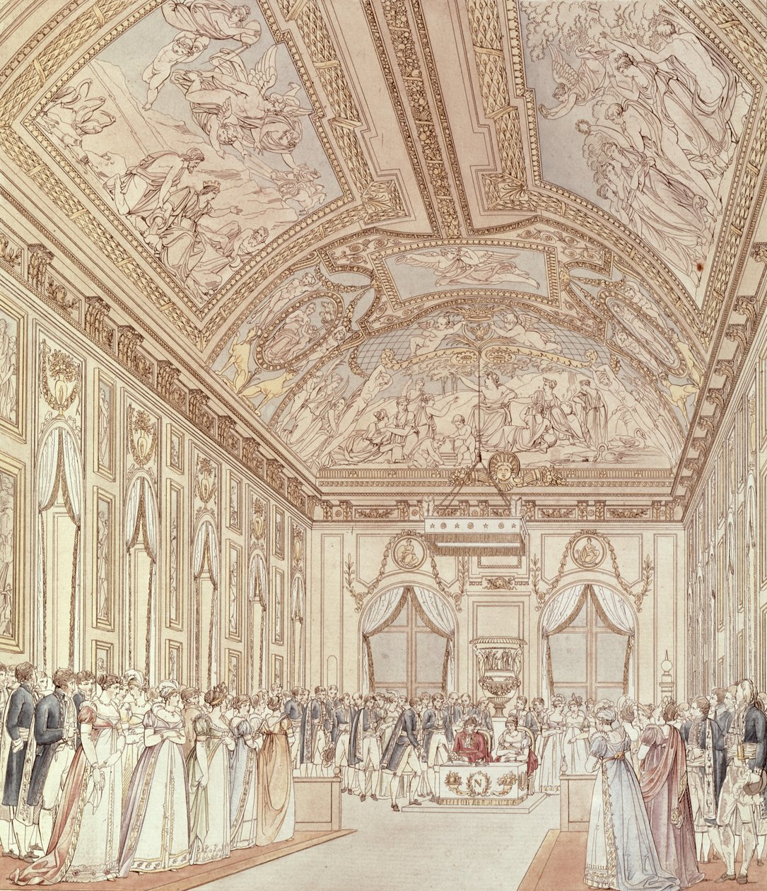 De burgerlijke ceremonie van het huwelijk van Napoleon Bonaparte en Marie-Louise in de Grote Zaal van het Kasteel van Saint-Cloud, 1 april 1810 door C. and Fontaine, P. Percier