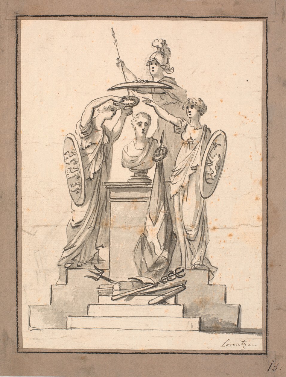 En buste bekranst door drie vrouwen met wapenschilden door C.A. Lorentzen