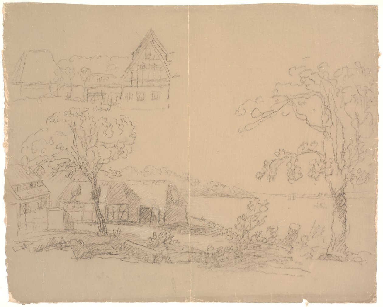 Landschap met boerderij bij een meer. Linksvoor een boerderij door C.A. Lorentzen