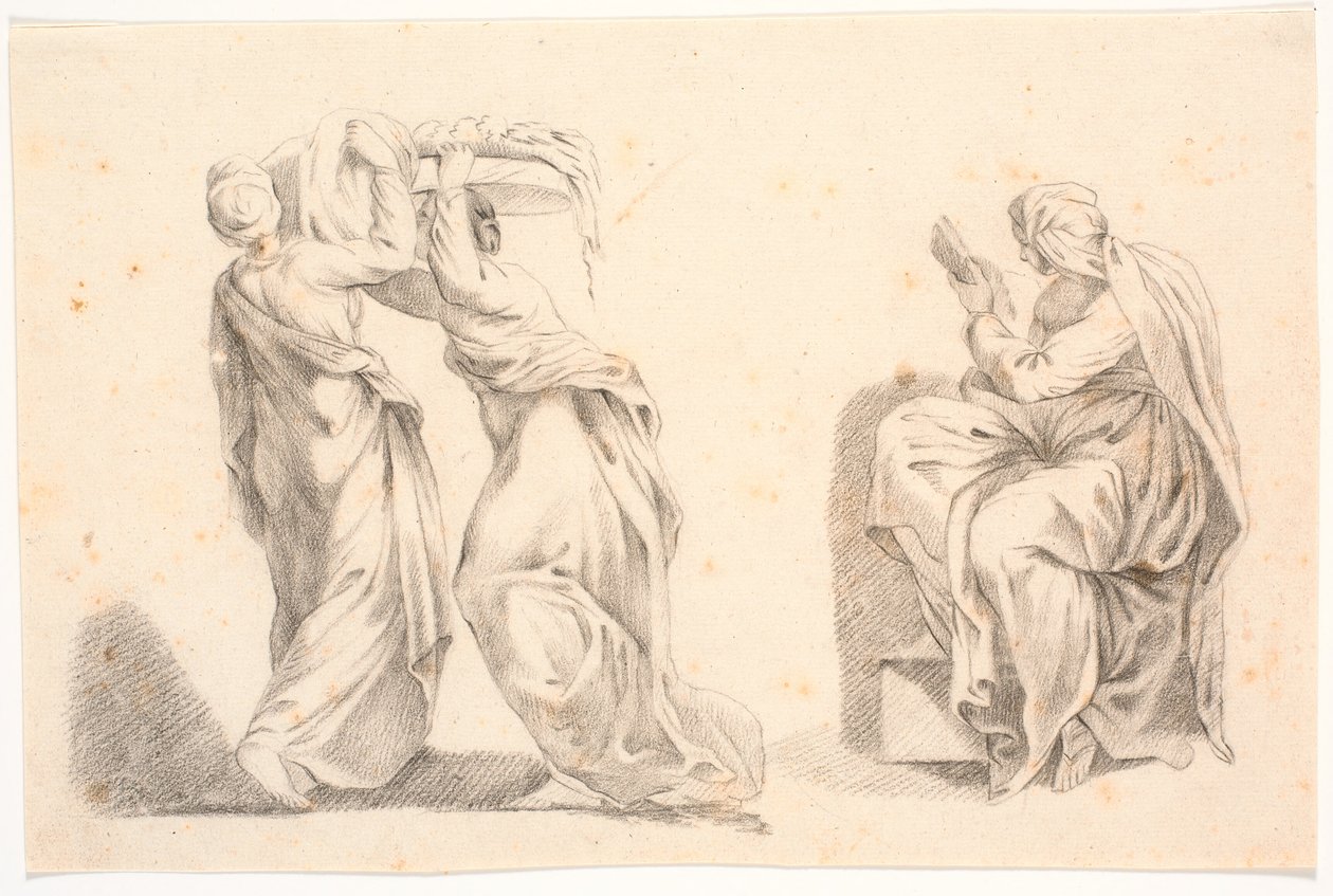 Twee vrouwen in klassieke gewaden die een mand dragen en een sibille naar Michelangelo door C.A. Lorentzen