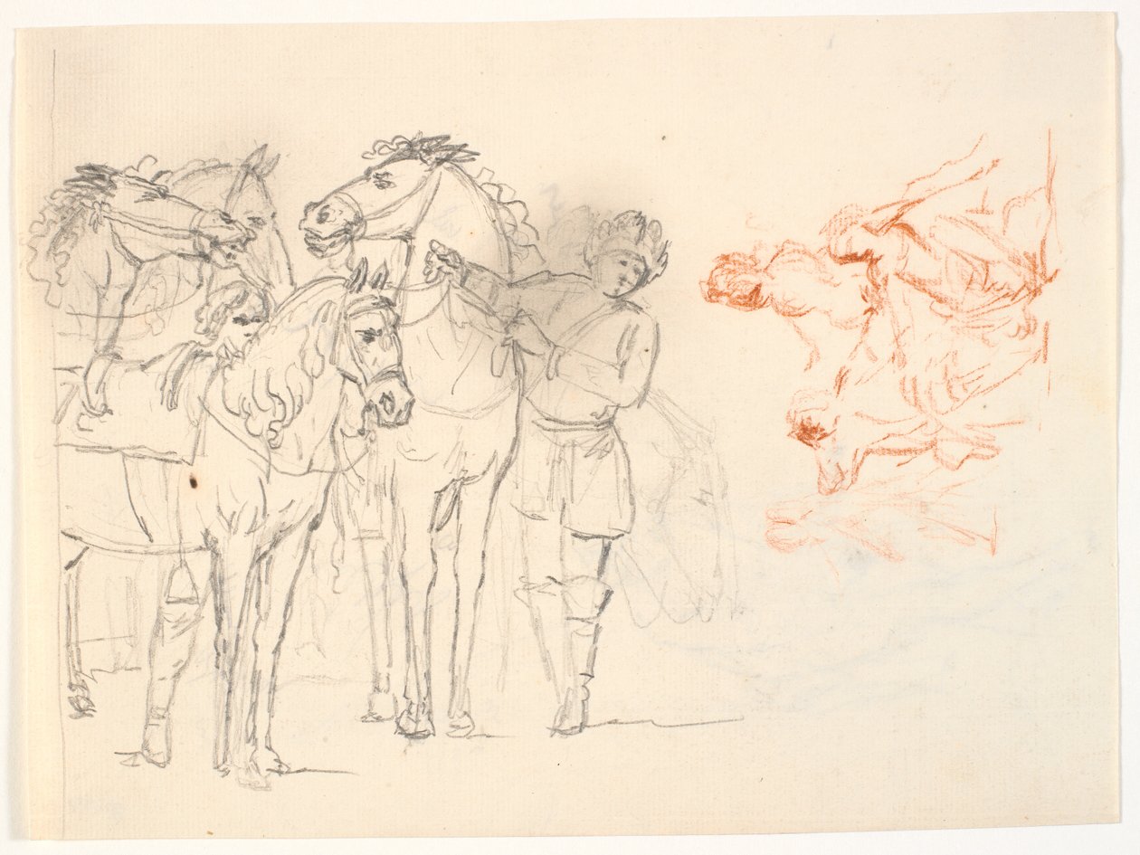 Twee schetsen. Links een potloodschets met paarden en twee mannen. Rechts een roodkrijtschets met een figuurgroep door C.A. Lorentzen
