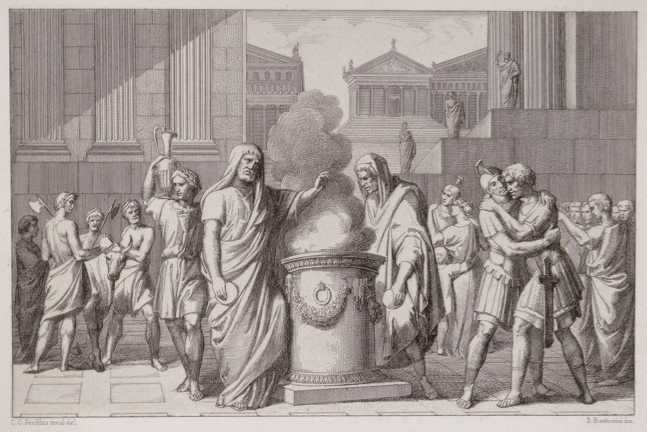 De Ontmoeting van Camillus en Manlius na de Terugtocht van de Galliërs, gegraveerd door B.Barloccini door C.C Perkins