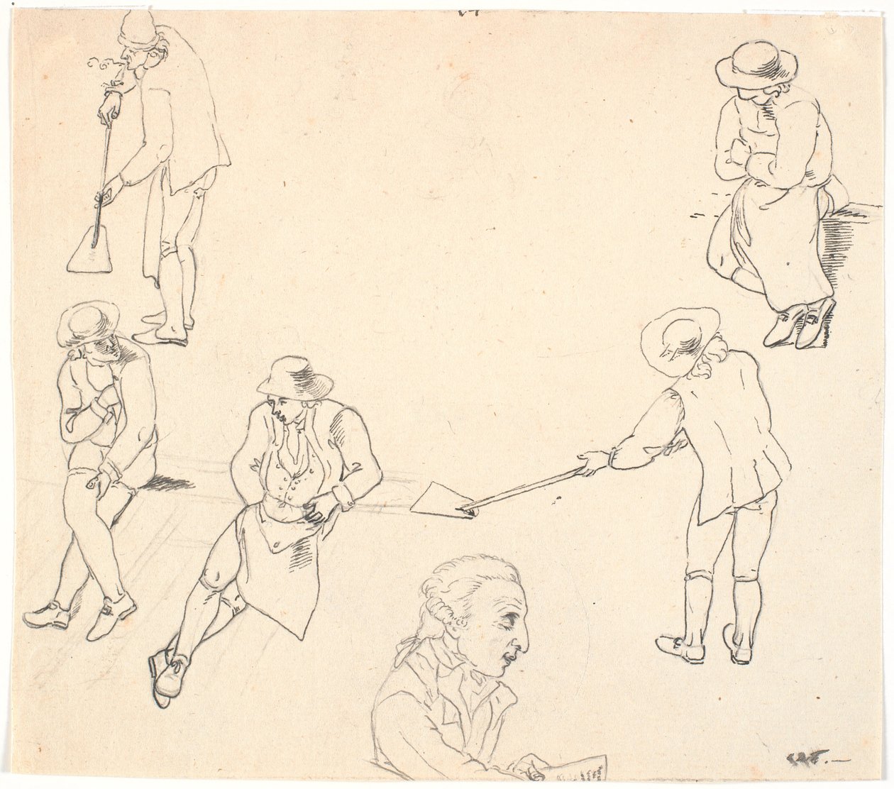 Schets met zes mannelijke figuren, twee met schoppen, drie zittend, en een mannenprofiel door C.D. Fritzsch