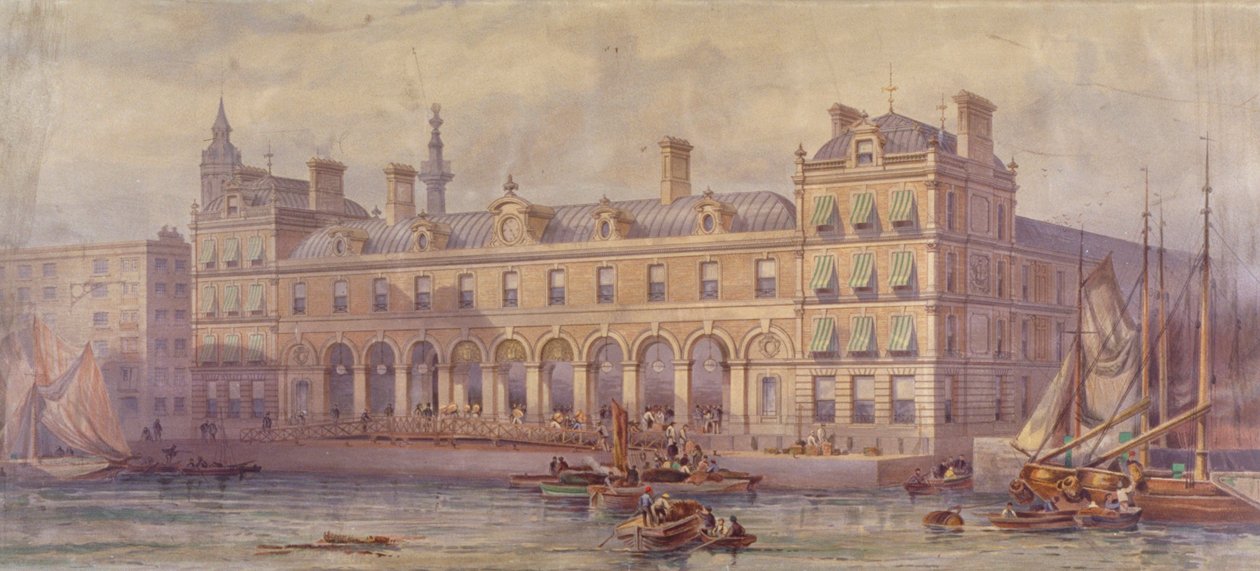 Uitzicht op Billingsgate Market met figuren en boten op de voorgrond, Londen, 1877 door CF Kell