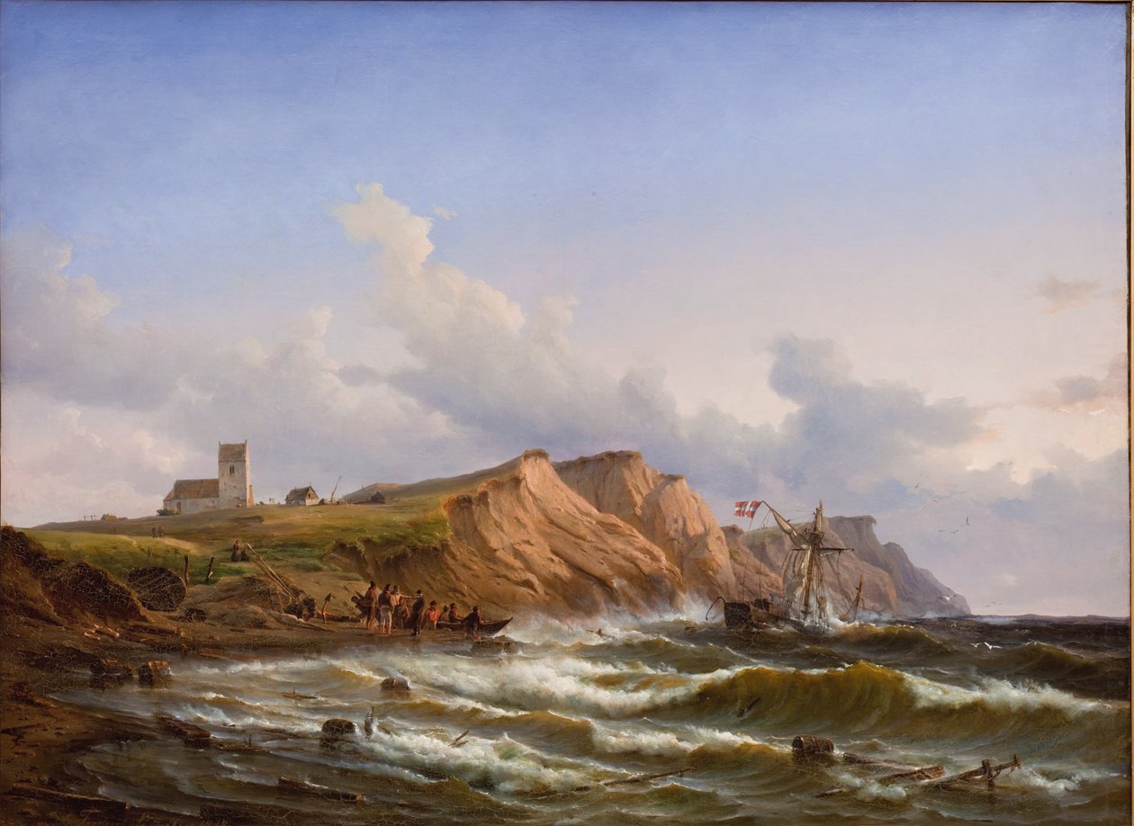Schipbreuk na een storm voor de westkust van Jutland bij de kerk van Ferring door C.F. Sørensen