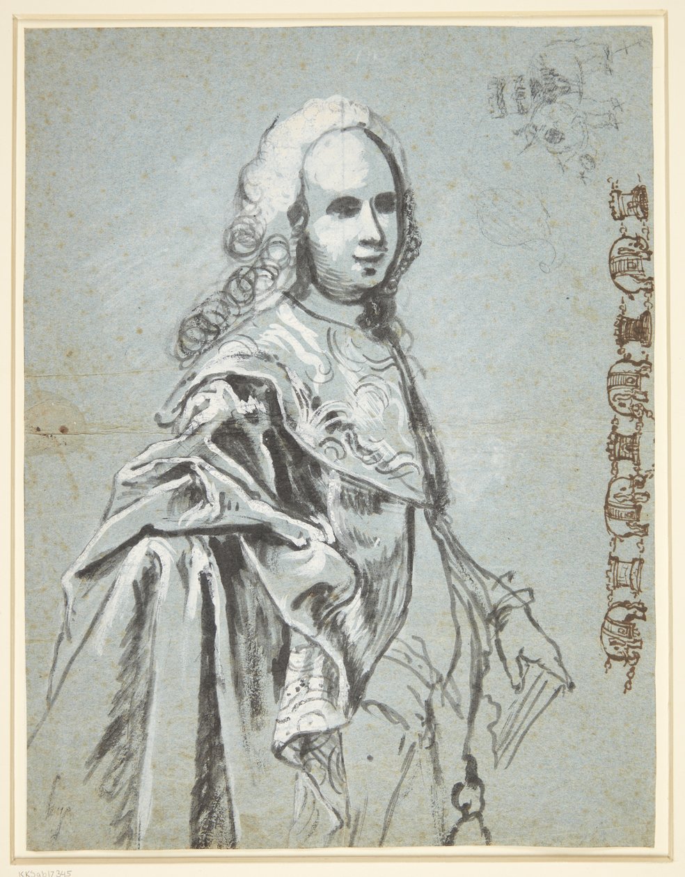 Studie voor een portret, vermoedelijk van A. G. Moltke; rechts op het blad studie voor de ketting van de Orde van de Olifant door C.G. Pilo
